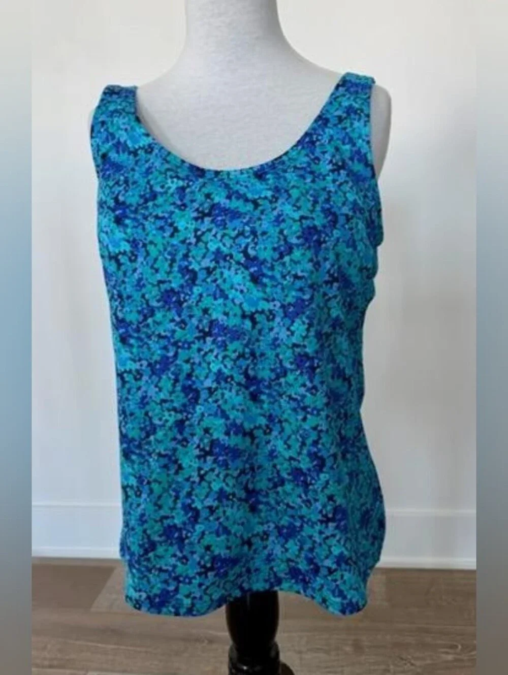 L.L.Bean 2 Piece Tankini Swimsuit w/ Shaping Swim Skirt Teal Blue Floral Size 14